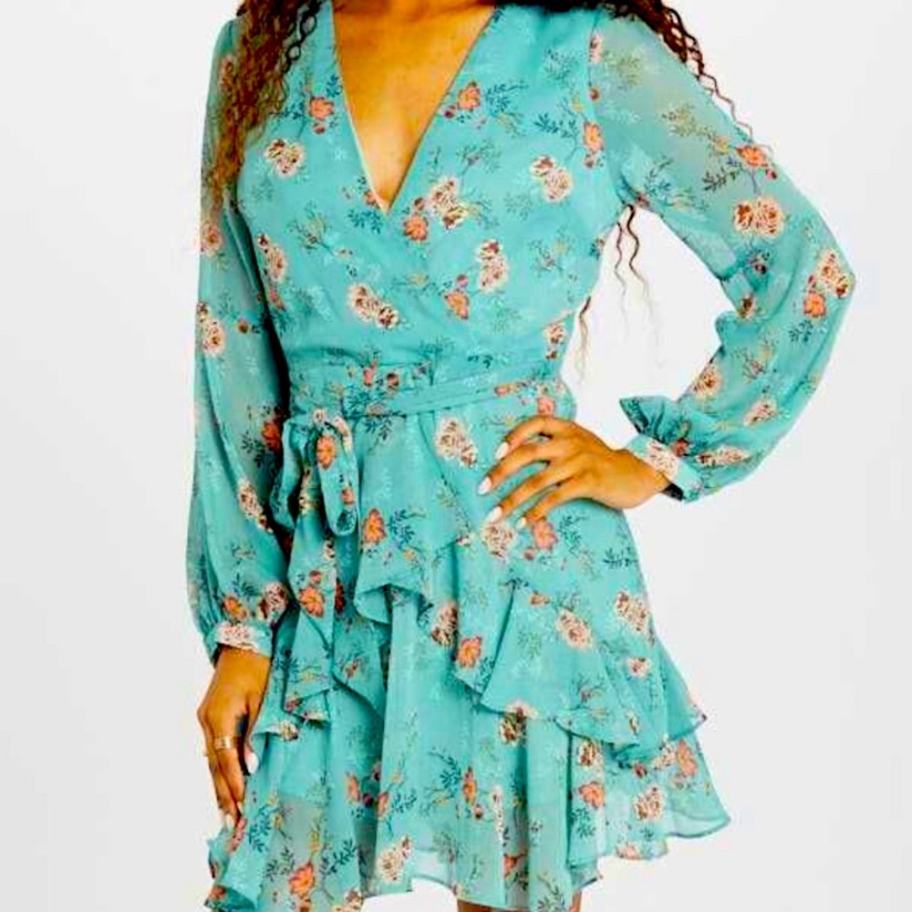 Altar’d State XS Teal/Blue Floral Long-Sleeve Ruffle Dress